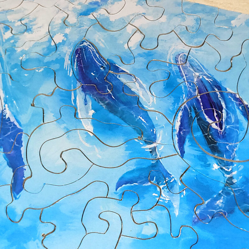 Puzzle en bois 3 Baleines en camaïeu de bleus, découpé à la main en France