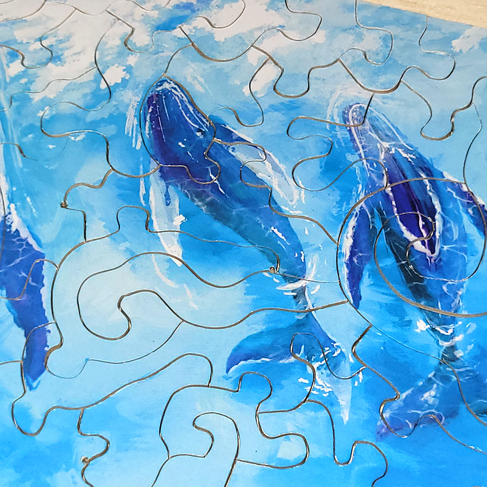 Puzzle en bois 3 Baleines en camaïeu de bleus, découpé à la main en France