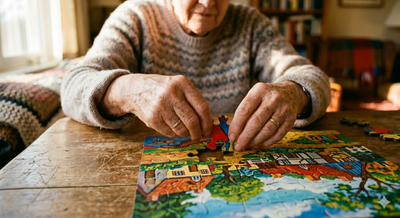 Personne agée faisant un puzzle chez elle, gros plan sur les mains