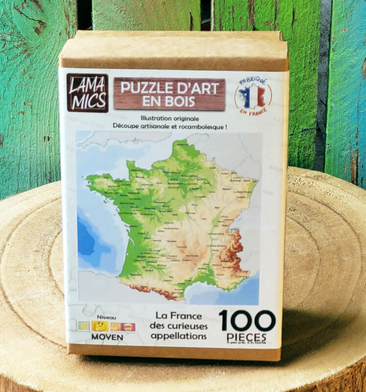 Puzzle en bois Carte de France des curieuses appellations, découpé à la main en France